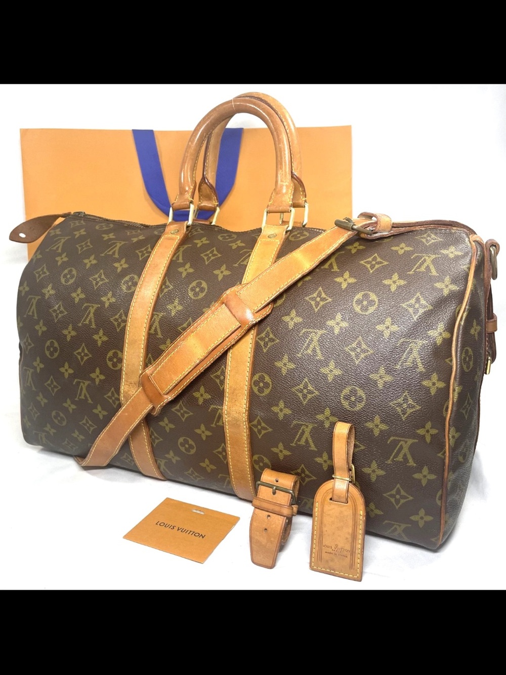 Louis Vuitton Brown Monogram Canvas Travel Duffel with Tan Leather Trim